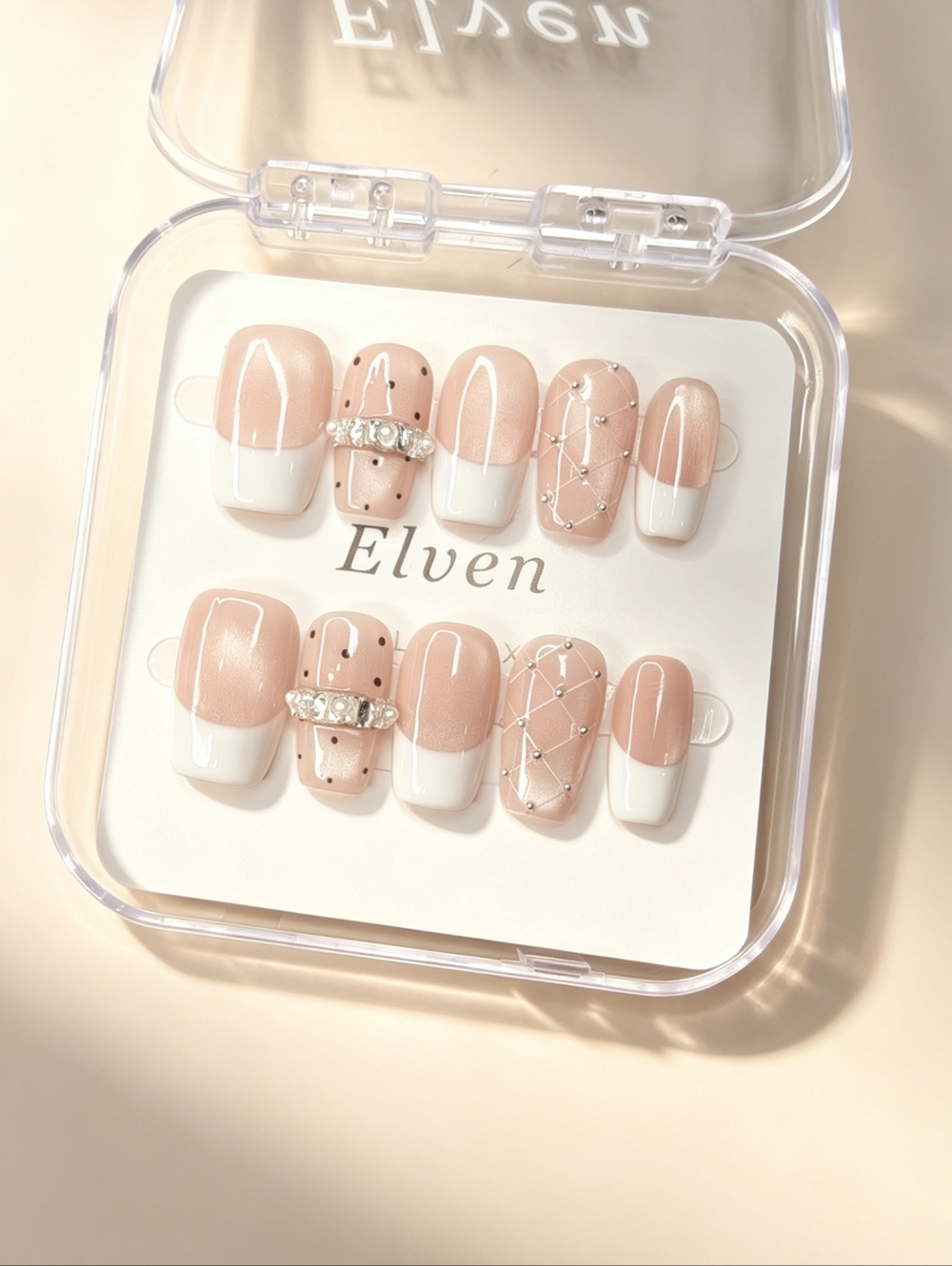Elegant Nude and White Short Square Handmade Press-On Nails